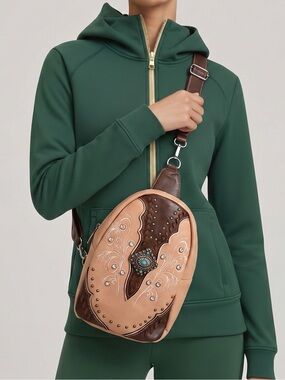 Handcrafted Tooled Leather Crossbody Bag | Western Boho Concho Sling | Tan/Brown